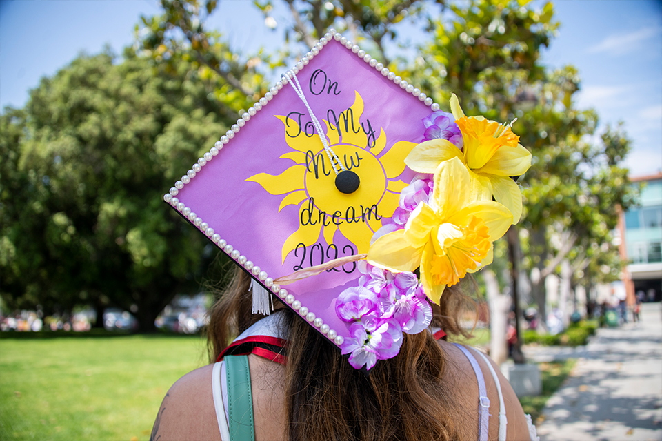 Mortarboard top is covered with purple fabric and yellow flowers