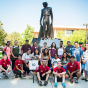 First-time freshmen and New Student Orientation leaders gather around CSUN's iconic Matador statue.