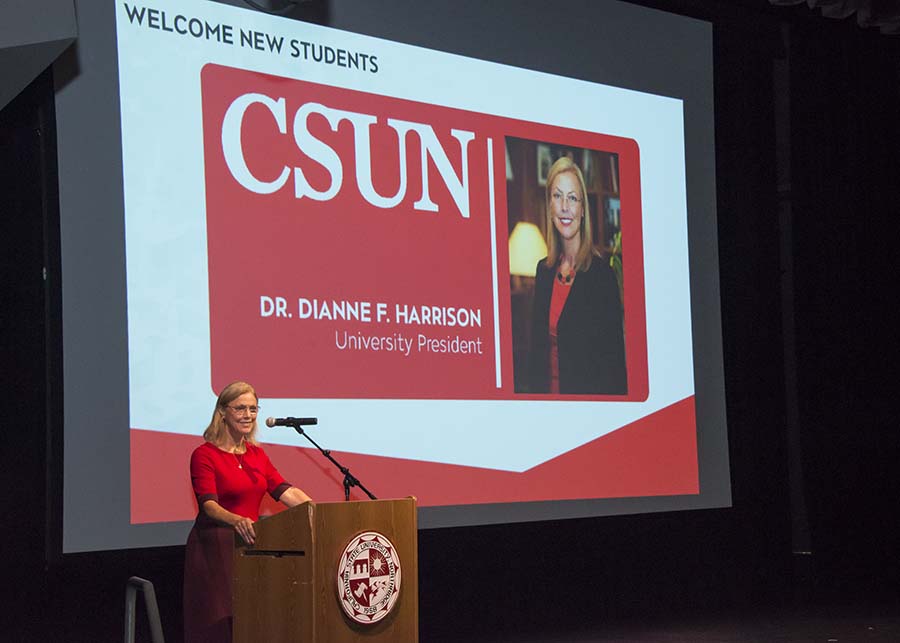 President Dianne F. Harrison or Vice President Walkins welcomes new students at each New Student Orientation. Photo by David J. Hawkins.