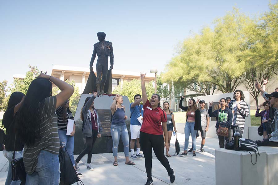 NSO Leaders teach students about Matty the Matador and come up with a chant, Photo by David J. Hawkins.