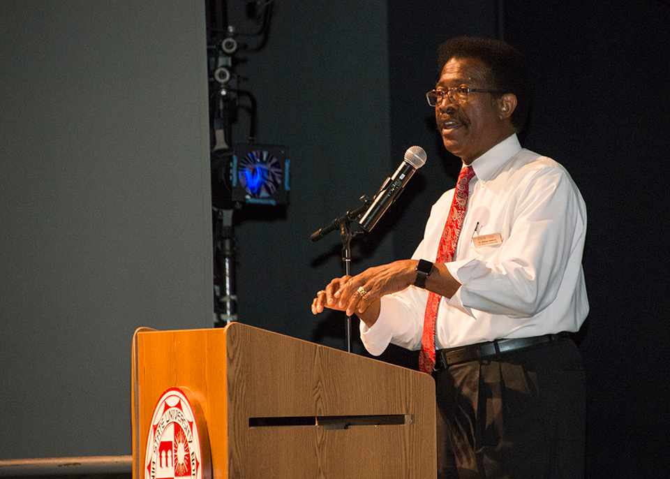Vice President of Student Affairs and Dean of Students William Watkins warmly welcomes new CSUN students.