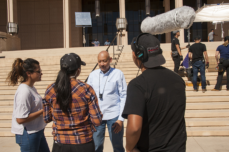 CSUN film professor Nate Thomas on a set at CSUN with film students. Photo by Lee Choo.