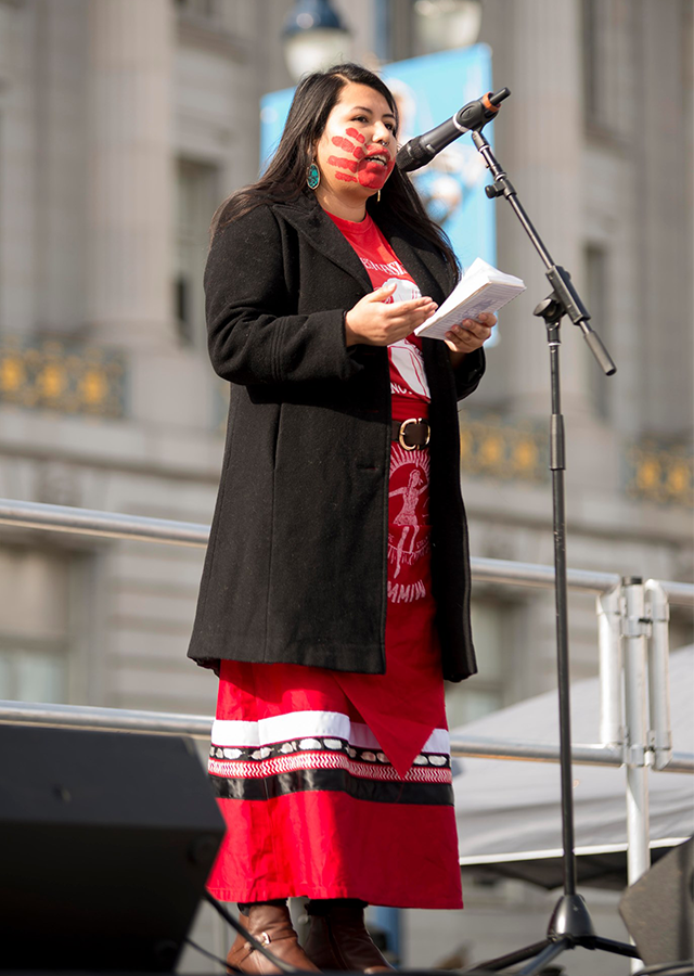 Noemi Tungüi '17 (Psychology) speaks about the rights of indigenous women on Jan. 18 at the San Francisco Women's March