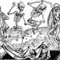 An illustrations of skeletons and corpses dancing in a circle.