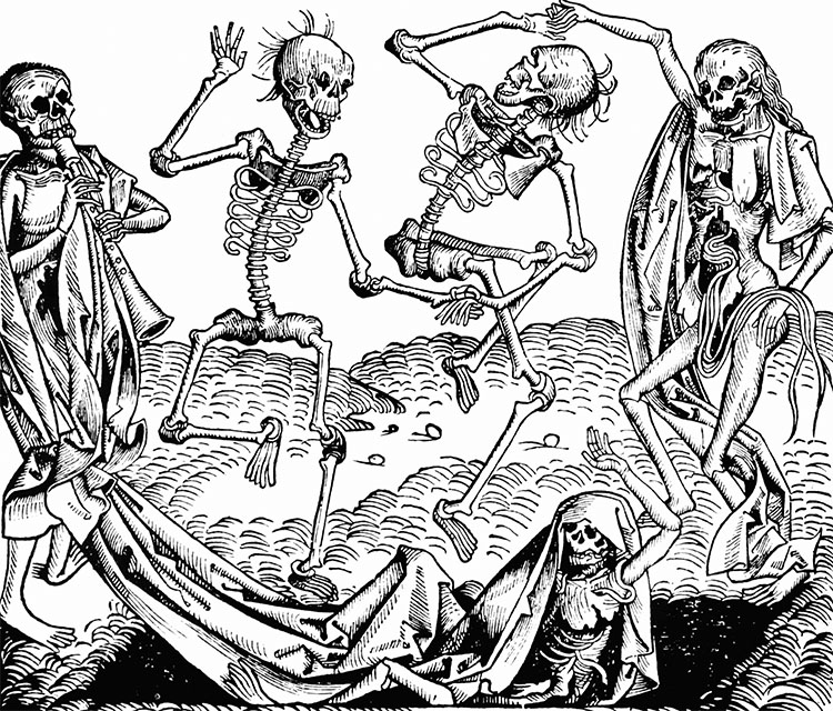 An illustrations of skeletons and corpses dancing in a circle.