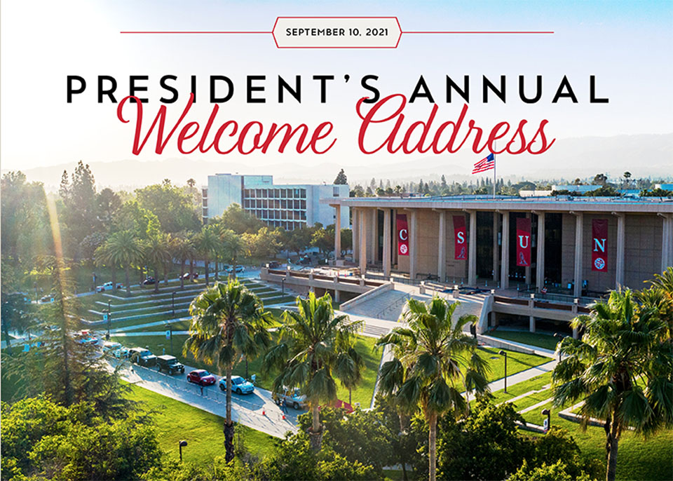 An image for President Beck's Annual Welcome Address shows the University Library and lawn.