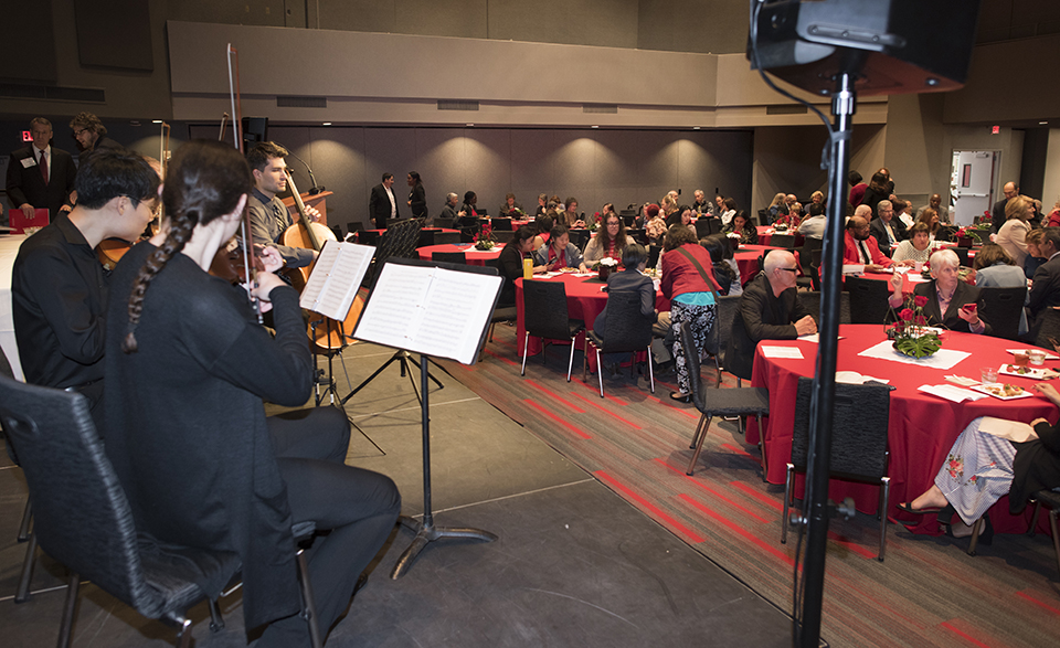 The Samuel Goldberg Honors String Quartet played onstage at the 2018 Honored Faculty Reception.