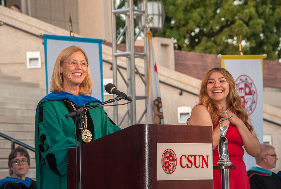 CSUN President Dianne F. Harrison recognizes Sophomore Roselva 