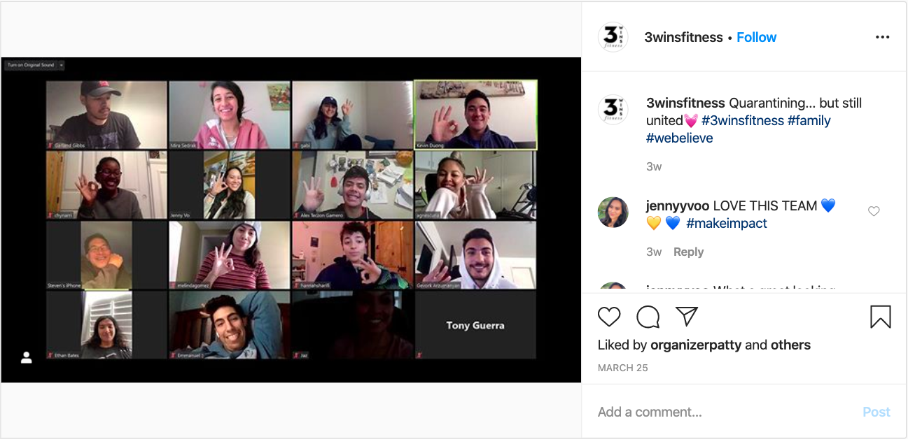 CSUN student organizations stay connected while maintaining physical distancing through social media and web conferencing apps, such as Zoom. Photo from 3WINS Fitness on Instagram.