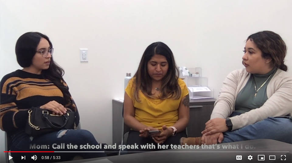 A screenshot from a CSUN master of social work video shows three seated students discussing a mental health scenario.