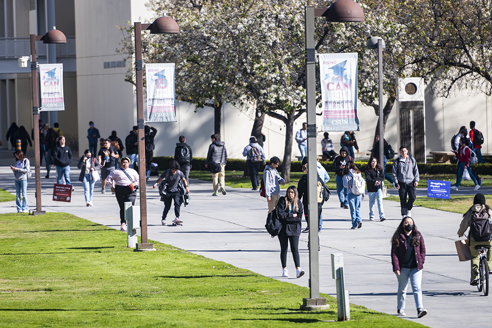 Students walk along sidewalk on campus.