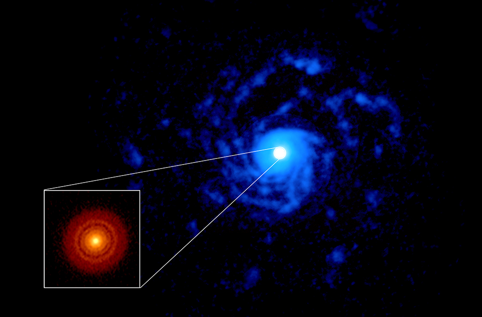 ALMA image of the planet-forming disk around the young star RU Lup. The inset image (lower left, red disk) shows a previous (DSHARP) observation of the dust disk with rings and gaps that hint at the presence of forming planets. The new observation shows a large spiral structure (in blue), made out of gas, that spans far beyond the compact dust disk. Credit: ALMA (ESO/NAOJ/NRAO), J. Huang and S. Andrews; NRAO/AUI/NSF, S. Dagnello