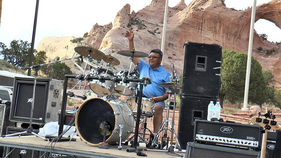 Navajo tribal councilmember Ed Yazzie at the drums during a performance. CSUN history professor Natale Zappia has recently completed work on a documentary and co-authored a book about the heavy metal music scene on the Navajo reservation. Photo by Ashkan Soltani-Stone.