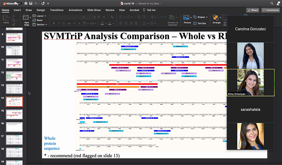 A screenshot of Alina Simonyan's presentation in David Bermudes' class and lab. 