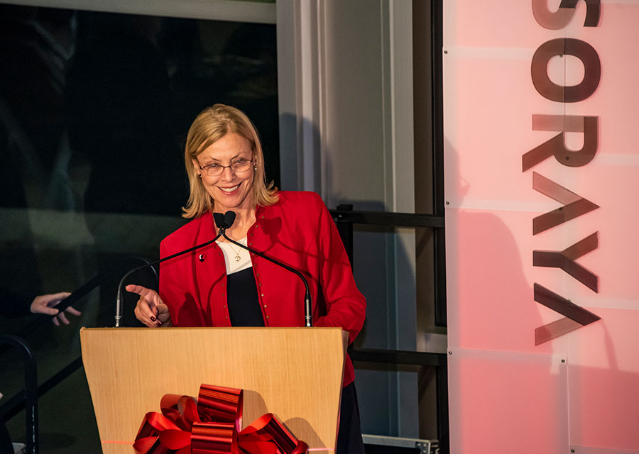 CSUN President Dianne F. Harrison at a podium during CSUN 2019 Winter Celebration.