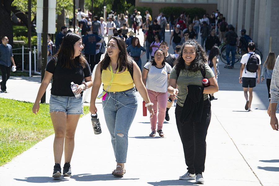 Three female students converse with one another as they make their way down a concrete walkway to get to class.