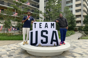 Gillette, left, and Williams pose for a photo at the Paralympic Village in Tokyo in August. (Photo courtesy of Wesley Williams)