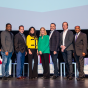 CSUN President Dianne F. Harrison and Nazarian College dean Chandra Subramaniam join the panelists and speakers of the 2nd Annual Workforce of the Future Symposium onstage on Nov. 20 at The Soraya.