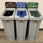 3 gray bins with black landfill, blue recycle and green organics title cards.