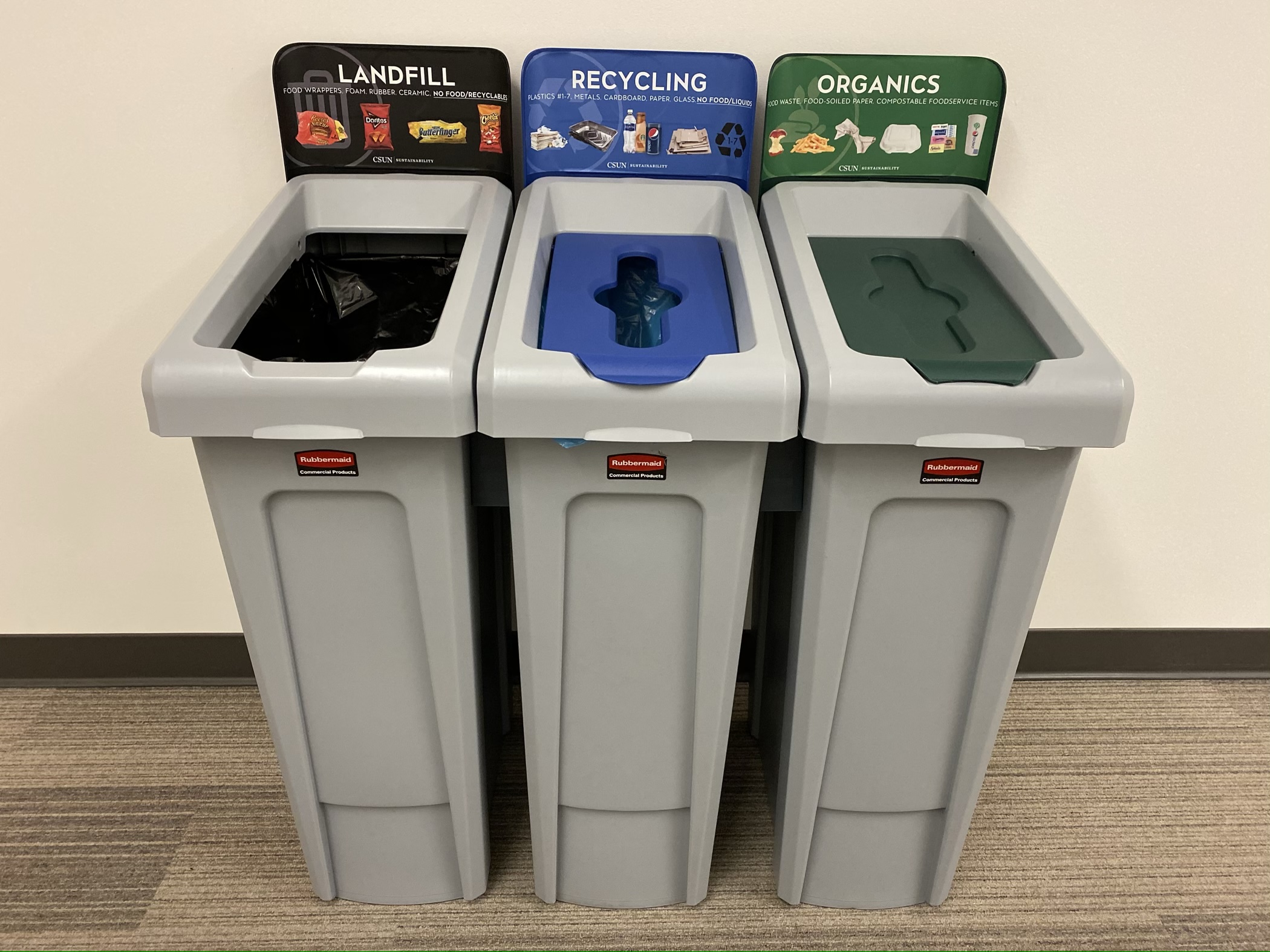 3 gray bins with black landfill, blue recycle and green organics title cards.
