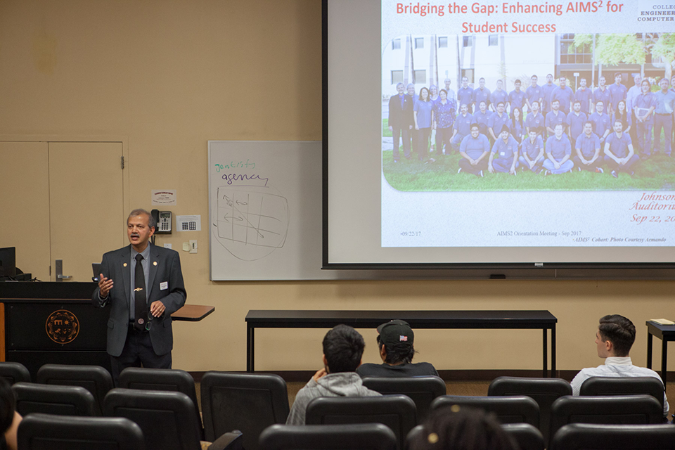 Engineering professor and director of the AIMS2 program, S. K. Ramesh speaking to AIMS2 students.