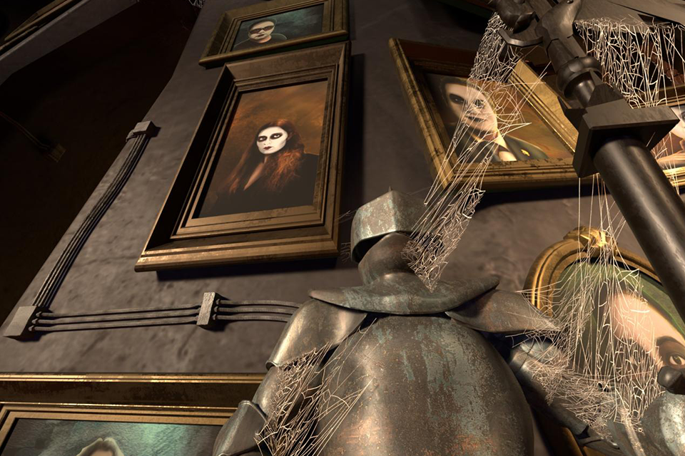 Knight's armor in front of a wall of portraits