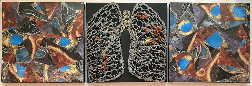 Visual artist Kate Berman ’20 shifted her work to reflect the coronavirus. Here, using yarn, embroidery thread, as well as gouache paint and ink, her art portrays a study of the lungs. Photo courtesy of Samantha Fields.
