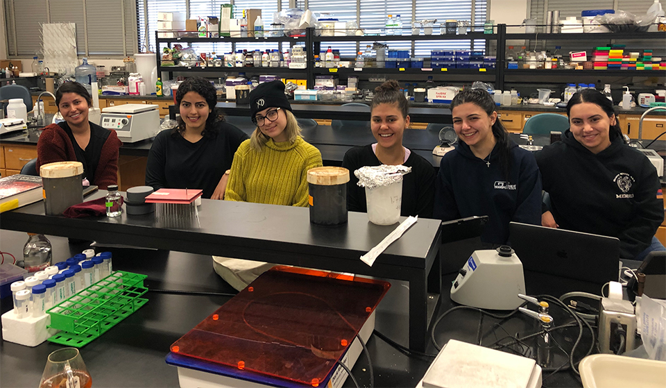 Biology professor David Bermudes' Full Immersion Research Experience class. Left to right: Loren Padilla (lab graduate assistant), Sara Shatela, Mary Antikyan, Sasha Machulsky, Amy Terzian and Alina Simonyan. Not pictured: Carolina Gonzalez.