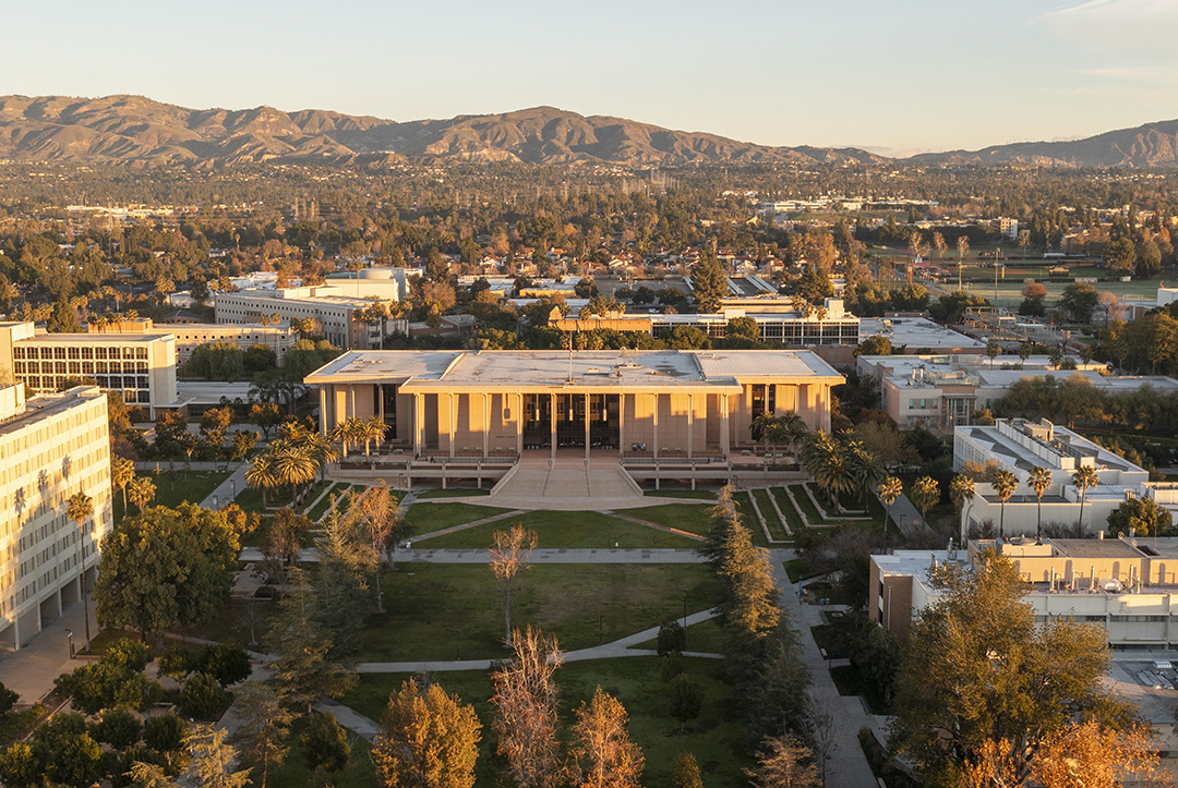An aerial view of CSUN University Library is photographed on California State University, Northridge in Los Angeles, California, Wednesday, January 10, 2024. (Photo by Ringo Chiu / CSUN)