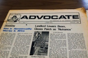 Issue No.1 Vol.3 of the Los Angeles Advocate, the first circulated gay newspaper. Photo credit: Victor Hugo Rojas