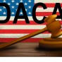 A graphic illustration of a gavel in front of an American flag and the text 