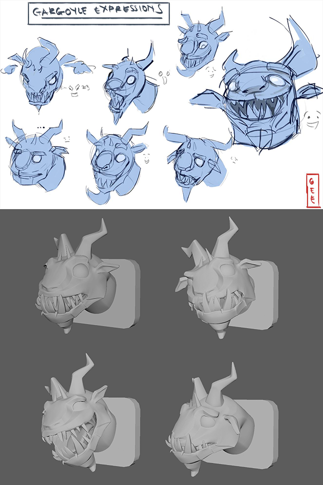 Concepts and 3-D renders of the animated gargoyle in "Gianni Schicchi."