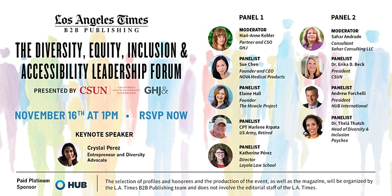 Flyer for The Diversity, Equity, Inclusion & Accessibility Leadership Forum, sponsored by the Los Angeles Times B2B Publishing.
