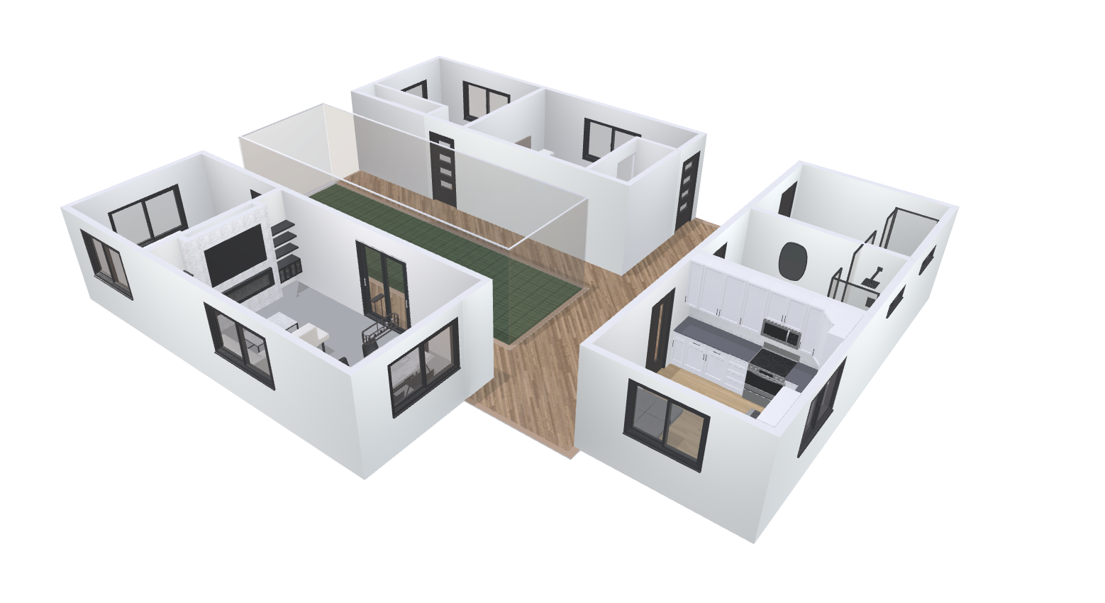 A three-dimensional rendering of what the final product is supposed to look like. The sustainable and mobile three-piece design includes a kitchen, living-dining area, two bedrooms, and two bathrooms. 