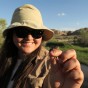 A tiny Pacific chorus frog rests on the fingers of Jessica Yamauchi, who is wearing a safari hat and sunglasses.