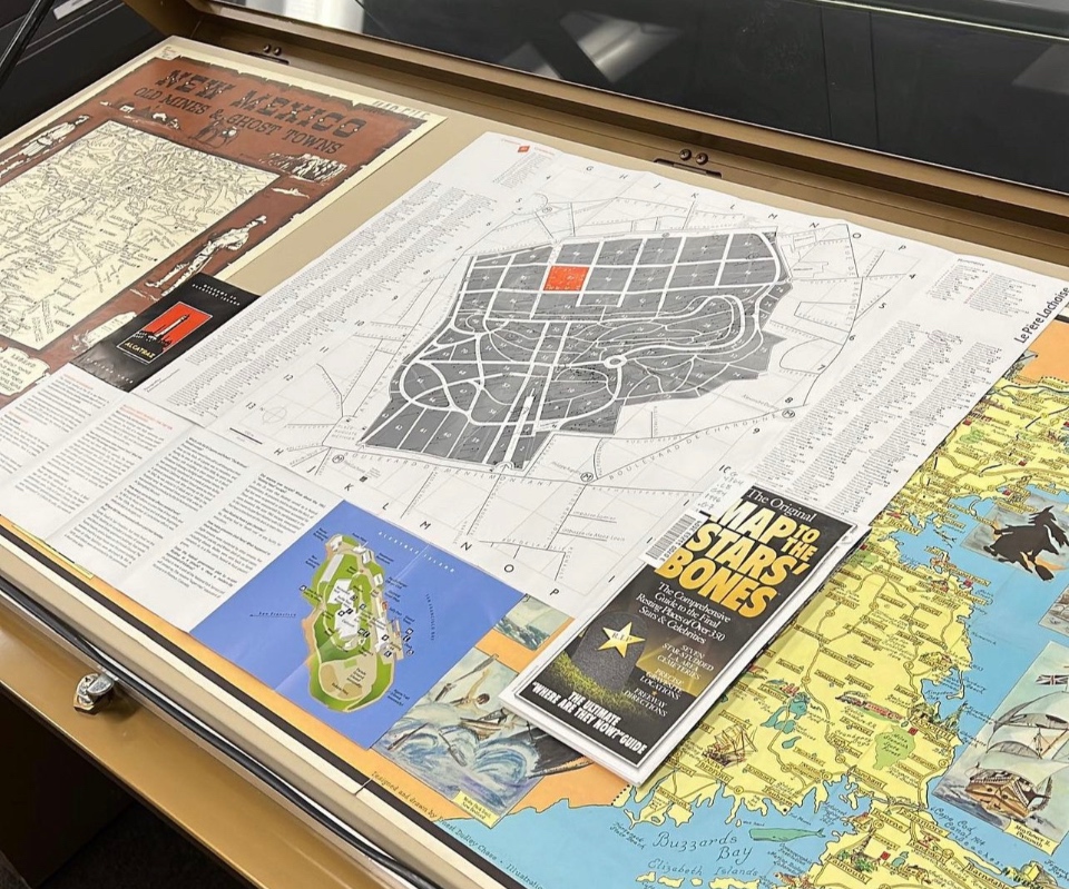 Various maps on display at CSUN's University Library Map Collection.