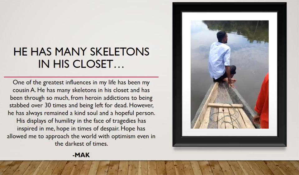 A photo art piece called He has Many Skeletons in His Closet… shows a brother perched over the bow of his boat, overlooking a green lake.