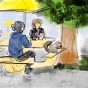 A drawing of two students under a yellow umbrella at a CSUN picnic table, joined by a squirrel.