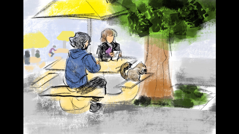A drawing of two students under a yellow umbrella at a CSUN picnic table, joined by a squirrel. 