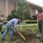Students and Staff planting a tree on the side of the Oviatt Library