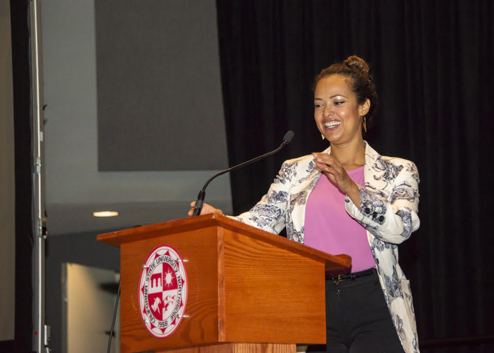 Aura Vasquez, commissioner for LADWP, speaks at a podium at 2018 Sustainability Day.
