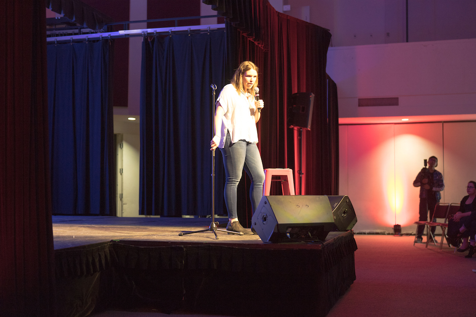 Comedian Beth Stelling on stage at Jokes for Votes.