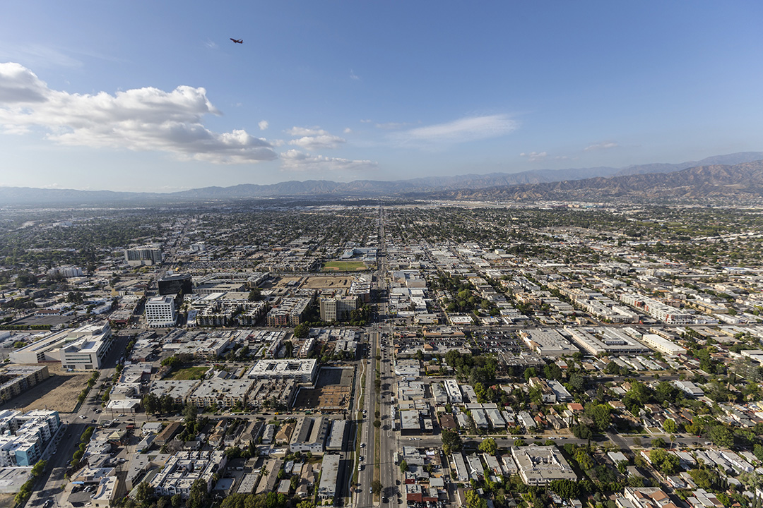 Aerial view of North Hollywood and Burbank in the San Fernando Valley area of Los Angeles, California.