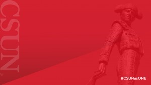 Red CSUN Matador statue graphic for Zoom background.